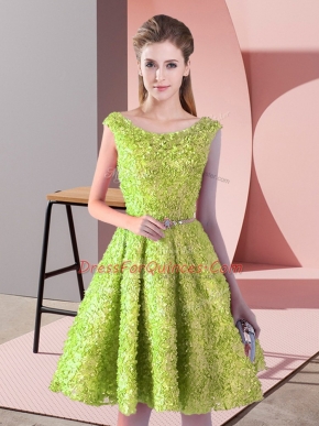 Exceptional Knee Length Yellow Green Prom Dress Lace Sleeveless Belt