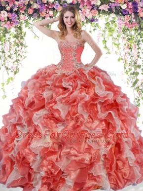 White And Red Organza Lace Up Sweetheart Sleeveless Floor Length Quinceanera Gowns Beading and Ruffles