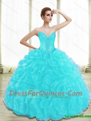 New Style Appliques and Ruffles Aqua Blue Sweet 15 Dresses