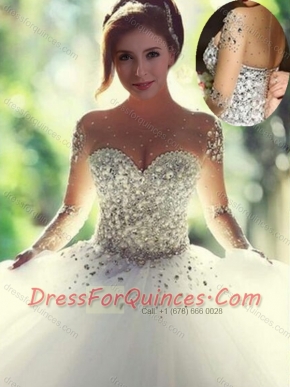 Scoop Beaded White Sweet 16 Dress with Long Sleeves