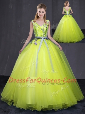 Yellow Green Quinceanera Gowns Military Ball and Sweet 16 and Quinceanera and For with Appliques and Belt V-neck Sleeveless Lace Up