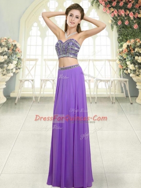 Elegant Floor Length Lavender Teens Party Dress Chiffon Sleeveless Beading