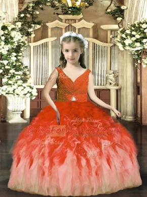 Dramatic Rust Red Tulle Backless V-neck Sleeveless Floor Length Pageant Gowns For Girls Beading and Ruffles