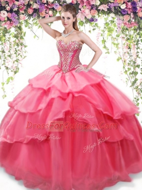 Super Beading and Ruffled Layers 15th Birthday Dress Coral Red Lace Up Sleeveless Floor Length