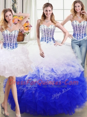 Pretty Three Piece Sleeveless Organza Floor Length Lace Up Vestidos de Quinceanera in White and Blue with Beading and Ruffles