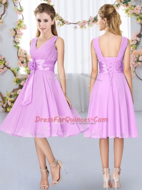 Best V-neck Sleeveless Damas Dress Knee Length Hand Made Flower Lilac Chiffon