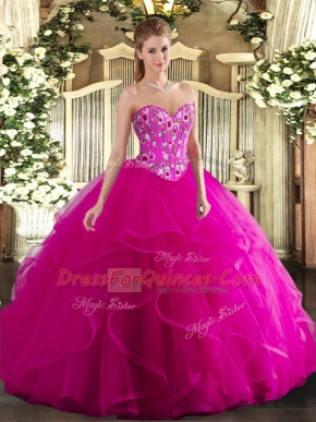 Extravagant Fuchsia Sleeveless Tulle Lace Up Sweet 16 Quinceanera Dress for Military Ball and Sweet 16 and Quinceanera