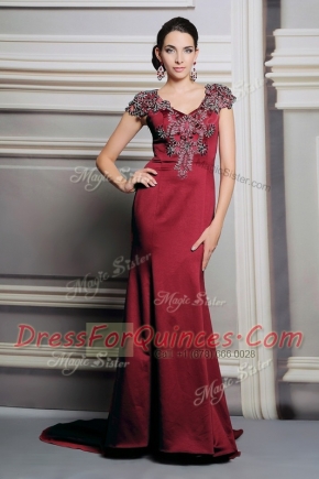 Sexy Short Sleeves Appliques Side Zipper Prom Gown with Burgundy Court Train