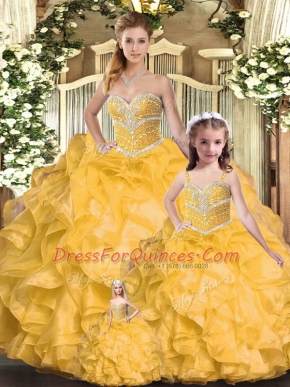 Gold Lace Up Sweetheart Beading and Ruffles Quinceanera Dress Organza Sleeveless