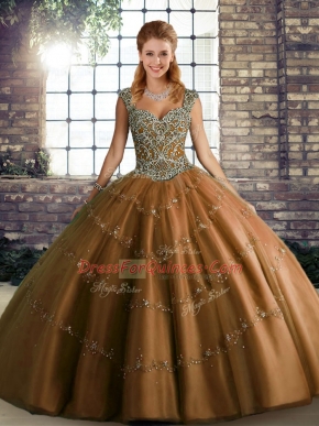 Ball Gowns Quinceanera Dresses Brown Straps Tulle Sleeveless Floor Length Lace Up