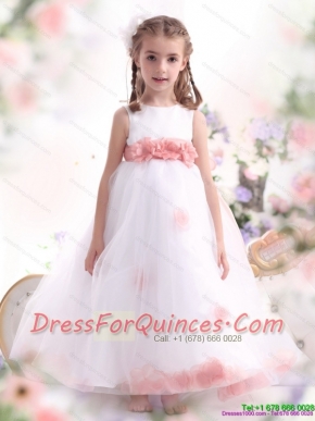 White Little Girl Adorable Pageant Dresses with Pink Waistband and Hand Made Flower