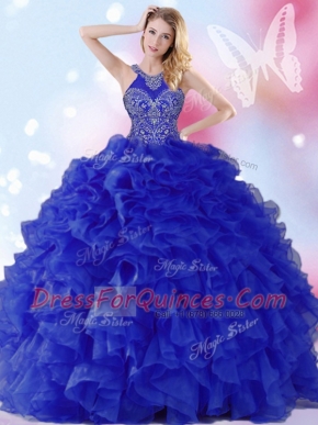 Traditional Royal Blue Organza Lace Up Halter Top Sleeveless Floor Length Vestidos de Quinceanera Beading and Ruffles