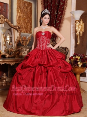 Red Ball Gown Strapless Floor-length Taffeta Appliques Quinceanera Dress