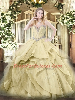 Floor Length Lace Up Sweet 16 Dresses Yellow for Military Ball and Sweet 16 and Quinceanera with Beading and Ruffles