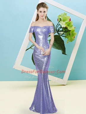 Luxurious Short Sleeves Zipper Floor Length Sequins Prom Evening Gown