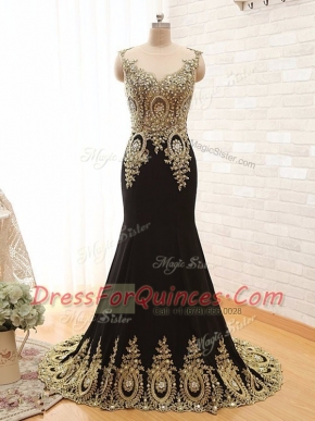 Cheap Scoop With Train Side Zipper Dress for Prom Black for Prom with Beading and Appliques Brush Train