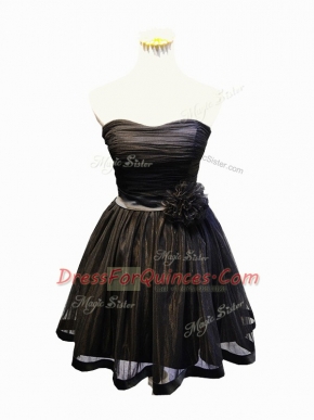 Best Black Tulle Lace Up Prom Evening Gown Sleeveless Mini Length Ruching and Bowknot and Hand Made Flower
