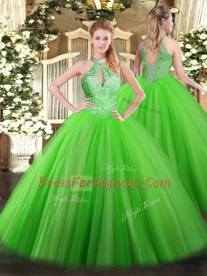 Sleeveless Tulle Floor Length Lace Up Quince Ball Gowns in with Sequins