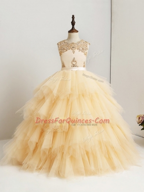 Dazzling Tulle Sleeveless Floor Length Little Girl Pageant Gowns and Beading and Ruffles