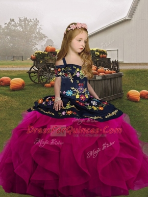 Fuchsia Sleeveless Embroidery and Ruffles Floor Length Kids Formal Wear