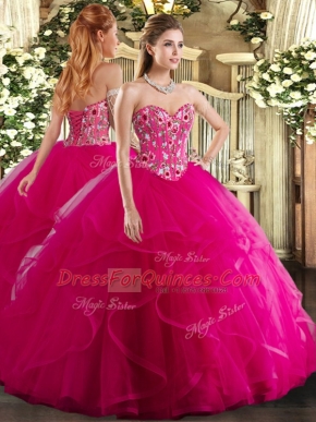 Fuchsia 15 Quinceanera Dress Military Ball and Sweet 16 and Quinceanera with Embroidery and Ruffles Sweetheart Sleeveless Lace Up