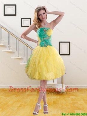 2015 Sexy Strapless Prom Dresses with Embroidery and Ruching