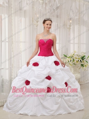 Hot Pink and White Ball Gown Strapless Taffeta   Hand Made Flowers Quinceanera Dress