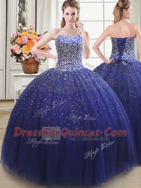 Most Popular Royal Blue Ball Gowns Sweetheart Sleeveless Tulle Floor Length Lace Up Beading Quinceanera Dresses
