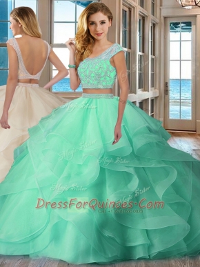 Latest Two Pieces Quinceanera Gown Apple Green Scoop Organza Cap Sleeves Floor Length Backless