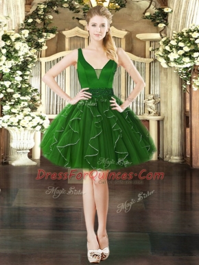 Ball Gowns Party Dress Dark Green V-neck Organza Sleeveless Mini Length Lace Up