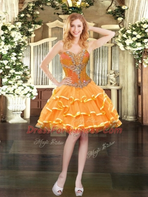 Sumptuous Mini Length Orange Prom Party Dress Organza Sleeveless Beading and Ruffled Layers