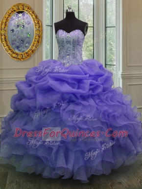 Lavender Ball Gowns Organza Sweetheart Sleeveless Beading and Ruffles and Pick Ups Floor Length Lace Up 15th Birthday Dress