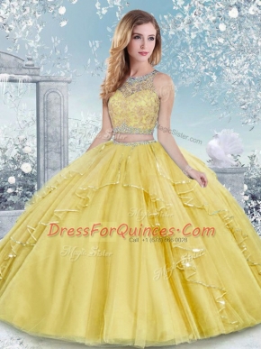 Artistic Floor Length Clasp Handle Quinceanera Gown Gold for Military Ball and Sweet 16 and Quinceanera with Beading and Lace