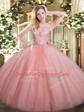 Shining Baby Pink Ball Gowns Lace Vestidos de Quinceanera Backless Tulle Sleeveless Floor Length