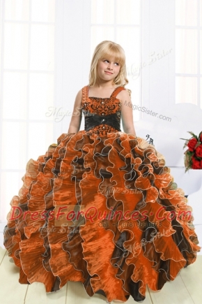 Fabulous Ball Gowns Kids Formal Wear Orange Straps Organza Sleeveless Floor Length Lace Up