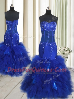 Mermaid Sleeveless Floor Length Beading and Ruffles Lace Up Prom Party Dress with Royal Blue