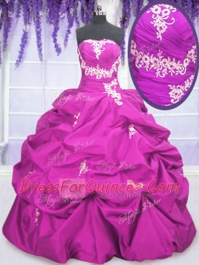 New Style Sleeveless Taffeta Floor Length Lace Up Vestidos de Quinceanera in Fuchsia with Appliques and Pick Ups