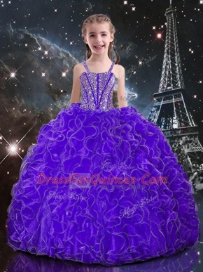 Straps Sleeveless Little Girls Pageant Dress Floor Length Beading and Ruffles Eggplant Purple Organza