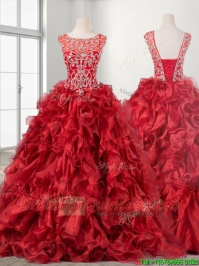 See Through Beaded Scoop Wine Red Quinceanera Dress with Brush Train