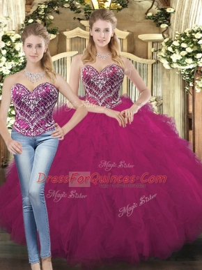 Custom Design Floor Length Two Pieces Sleeveless Fuchsia Sweet 16 Quinceanera Dress Lace Up
