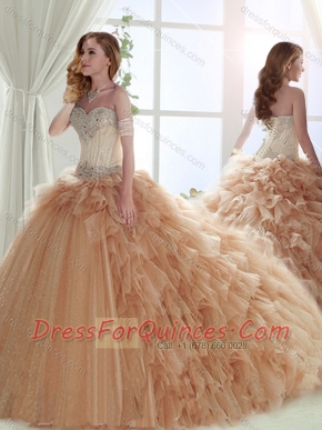 Classical Brush Train Beaded Tulle Sweet Fifteen Dress in Champagne