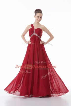 Perfect Red Prom Dress Prom and Party and Military Ball with Beading and Ruching One Shoulder Sleeveless Backless