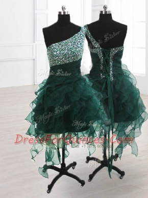 Peacock Green One Shoulder Lace Up Beading and Ruffles Prom Dress Sleeveless