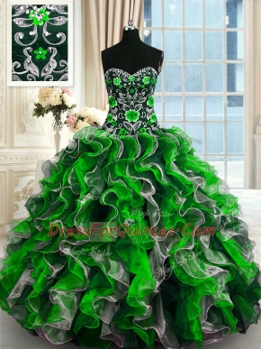 Eye-catching Sweetheart Sleeveless Organza Quinceanera Dresses Beading and Ruffles Lace Up