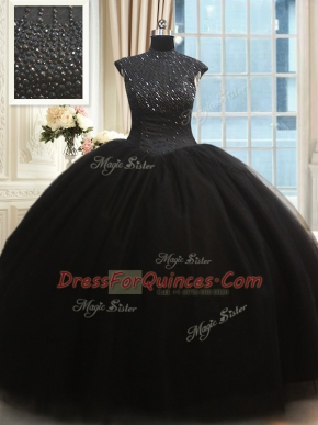 On Sale Black High-neck Neckline Beading Quinceanera Dresses Cap Sleeves Zipper