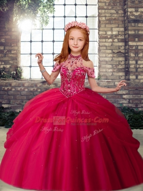 Most Popular Halter Top Sleeveless Child Pageant Dress Floor Length Beading Hot Pink Tulle