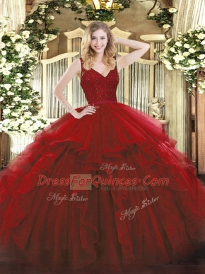 Wine Red Organza Zipper Straps Sleeveless Floor Length Sweet 16 Dresses Beading and Ruffles