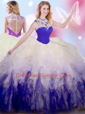 Glamorous White And Purple Ball Gowns Beading and Ruffles Quinceanera Gowns Zipper Tulle Sleeveless Floor Length