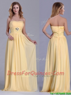 Lovely Empire Yellow Long Prom Dress with Beading and Ruching
