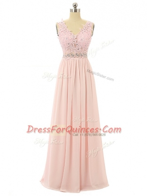 Sleeveless Chiffon Floor Length Zipper Prom Dresses in Pink with Beading and Appliques